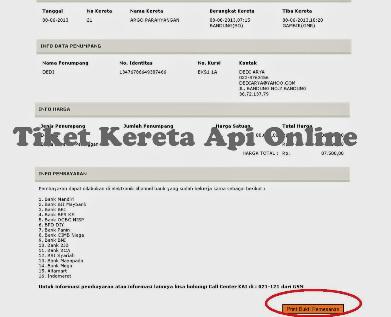 Tombol Print cara pesan tiket kereta api online
