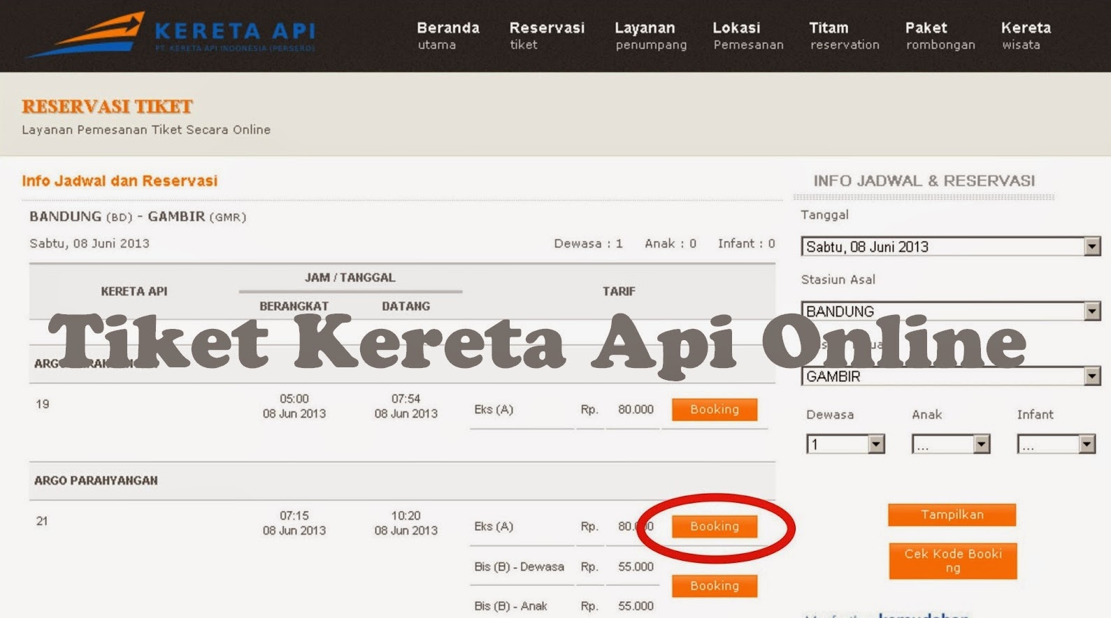 Tombol booking cara pesan tiket kereta api online